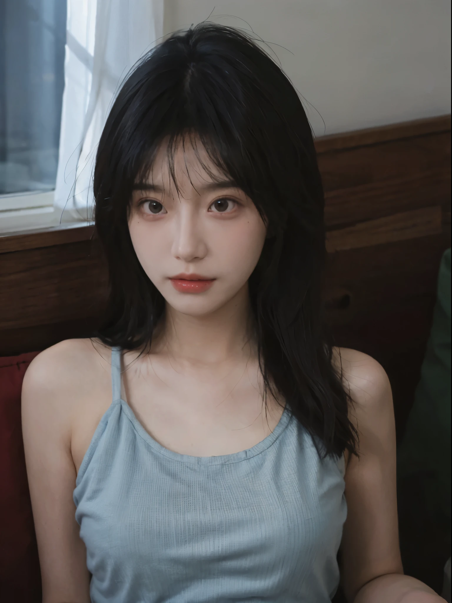super high image quality，8K，Close-up of a woman with long straight hair and white tank top, jinyoung shin, Cute and delicate face, Urzans, beautiful Korean women, author：Against the sky, author：Zhang Han, xintong chen, Korean girls, young and lovely Asian face, by Ye Xin, beautiful young korean woman, Beautiful and delicate face, ruan jia beautiful!, Avatar avatar