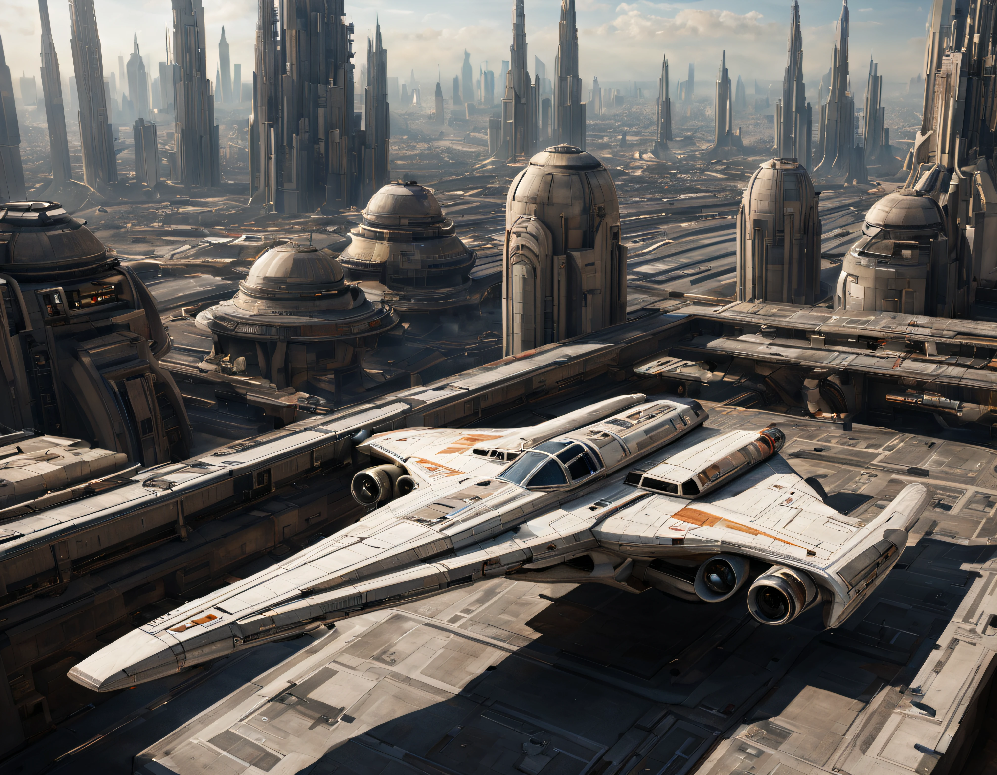 desde una terraza de la ciudad de coruscant de star wars, con sus inmensos edificios futuristas, divisandose el aeropuerto de coruscant, con una inmensa nave alargada posada, (Design by Doug Chiang), edificios del fondo nitidos y bien definidos, intrincados detalles de la maquina de la mas alta calidad, estilo cinematografico, nitidez absoluta, imagen 8k. (obra maestra de superior calidad).