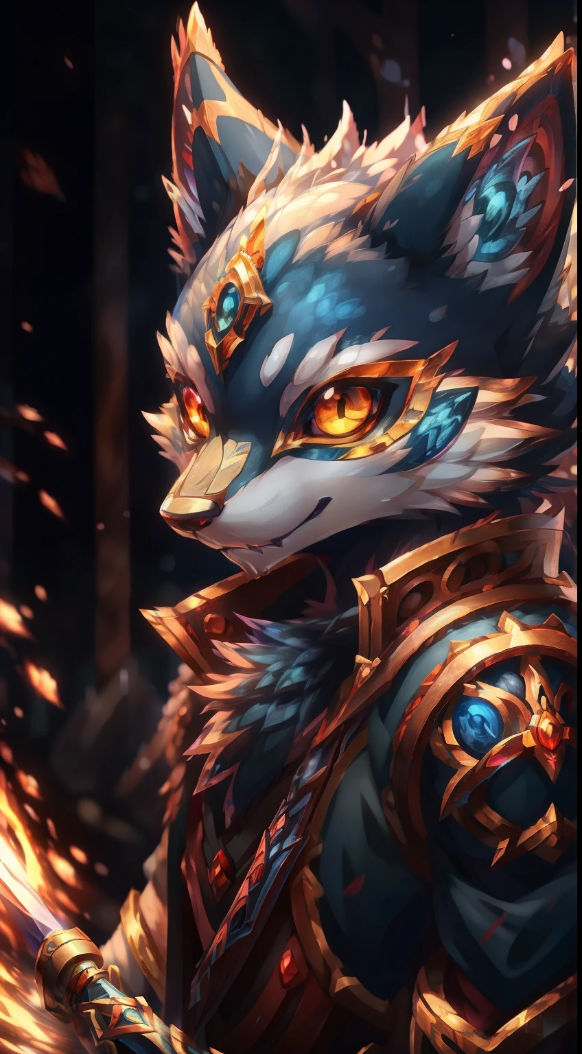 a close up of a person with a sword and a demon, dark fox mage, official splash art, character splash art, iconic character splash art, onmyoji detailed art, fenrir, fantasy card game art, astri lohne, splash art, league of legends character art, hearthstone card game artwork. ”, league of legends character, hearthstone card game artwork