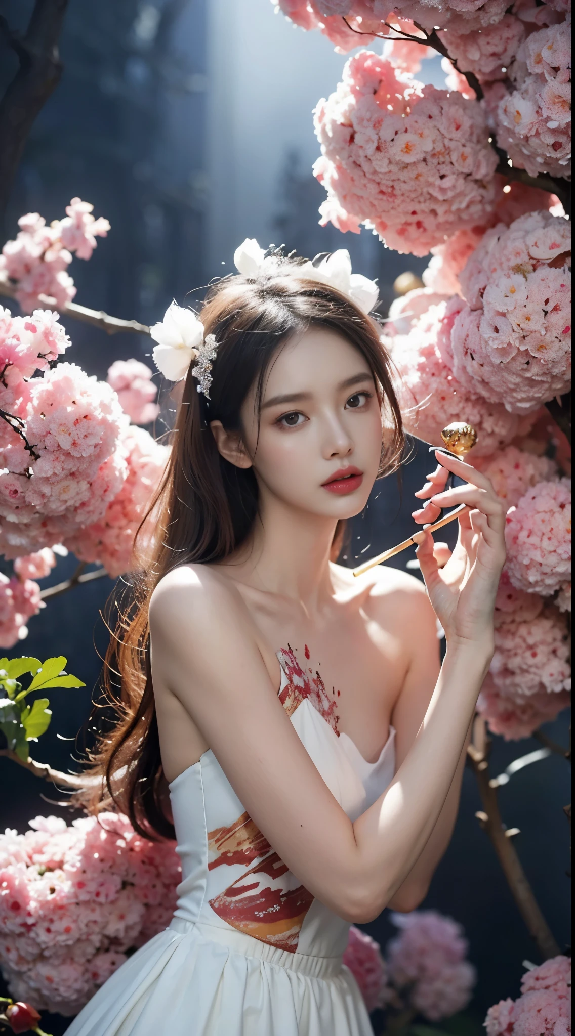 set,navel, ((cowboy shoot)), Red lipstick, mature woman, cosmetics, realistic、Real photos、((As a matter of fact:1.5))、There were white Phalaenopsis around me.,lilac orchid、White lily、1 woman、brown hair、floating hair、Plump breasts, Slim shape, charming legs, Smile hard, elegant poses, has a very beautiful face、Hairpin on the head、perfect hand、(nighttime、moon、cliff)、 vector art、Chinese contemporary art、gentle light、looking down