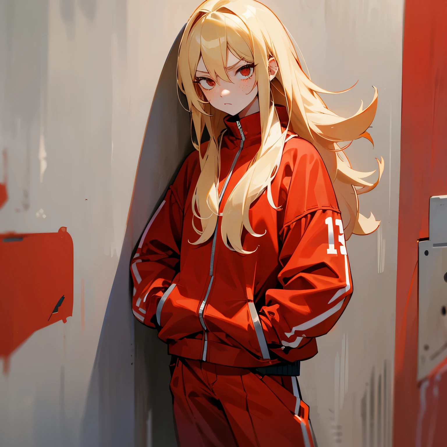 Flow the right half of the hair back、a blond、Bad eyes、glares、Red jersey jacket、red jersey pants、Bad Girls、hitornfreckles、hands in the pocket、Leaning against the wall