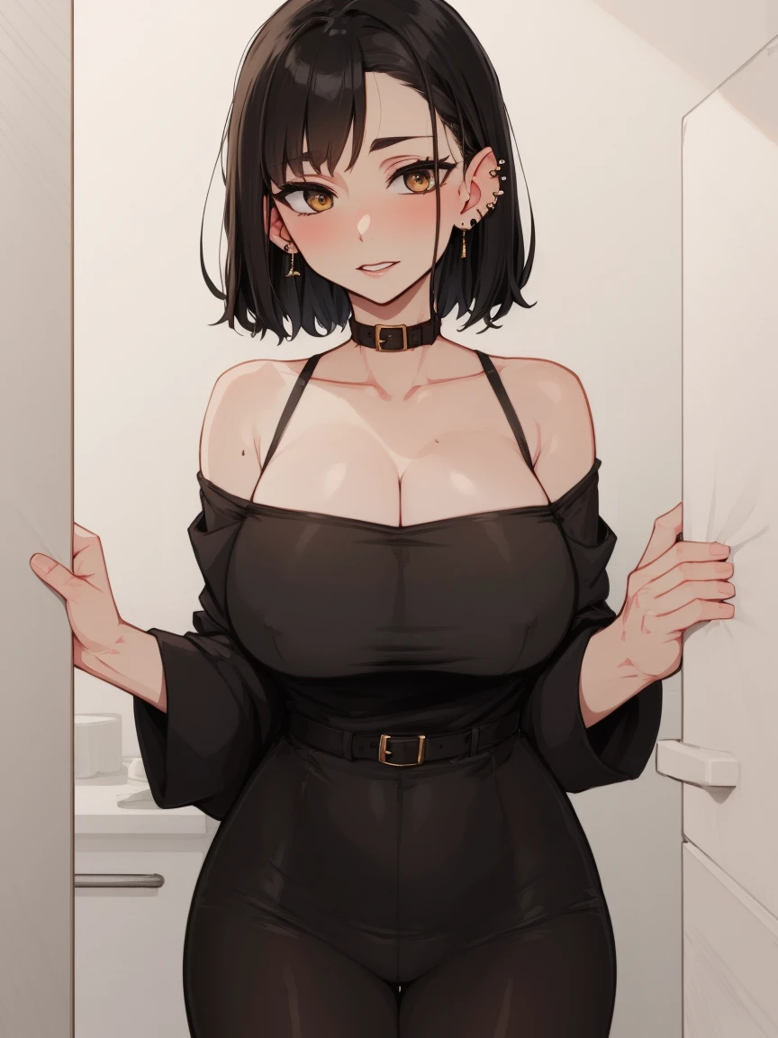 Christmas milf, black hair, short hair, ear piercing, pale skin