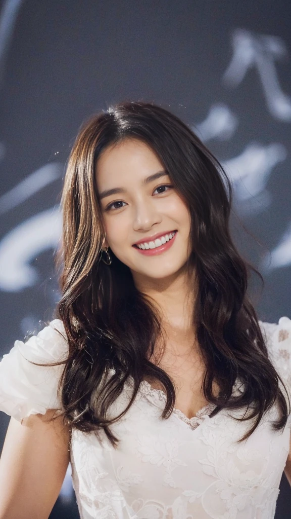 Beautiful Japanese Woman, Soft skin and a nice perfect face, A small face with a nose and rosy lips, Beautiful Eyes, Beautiful smile. black, Surrounded by a bright, ethereal glow、Thin, long, beautiful hair. A loose, medium hairstyle with gradation highlights and layers of greyish beige, Navy band collar shirt x yellow houndstooth flare skirt, Bright neon colorful background, Hyperrealistic female photos, High quality high resolution 8K masterpiece
