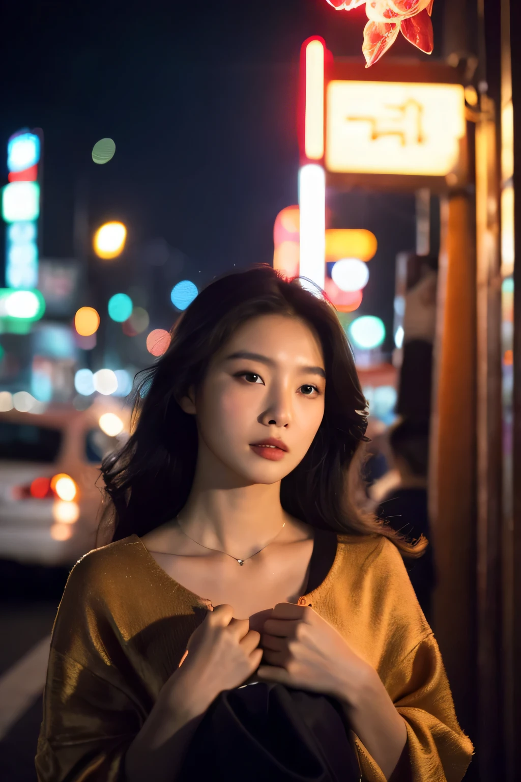 ((best quality)), ((masterpiece)), (Cinematic Aesthetic:1.4) Photo of a beautiful korean fashion model bokeh city night、with rose in the hand