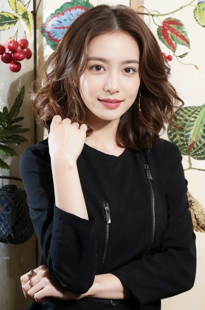 (On a table, Best quality, realistically, ultra - detailed, meticuloso, A high resolution, 8k wallpaper), Close-up portrait of a beautiful woman, Chariada, Smiling, light brown messy hair, Perfect dynamic composition, 美丽meticuloso的眼睛, Just like the cover of a fashion magazine, On campus