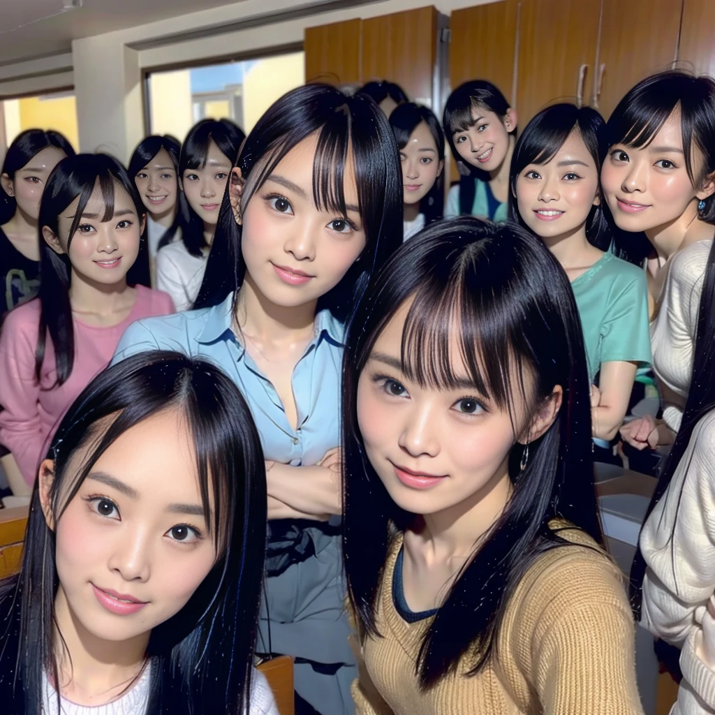 Raw photo、(((multiple girls))),((((6+girls)))),((((100 girls)))),((((1000 girls)))),(((crowd shot))),Women only、((Everyone has the same face))、((matching school uniform))、17 years old、Long black hair、japanes、100 cute high school girls、a smile、Classroom、selfee、same person、High school students