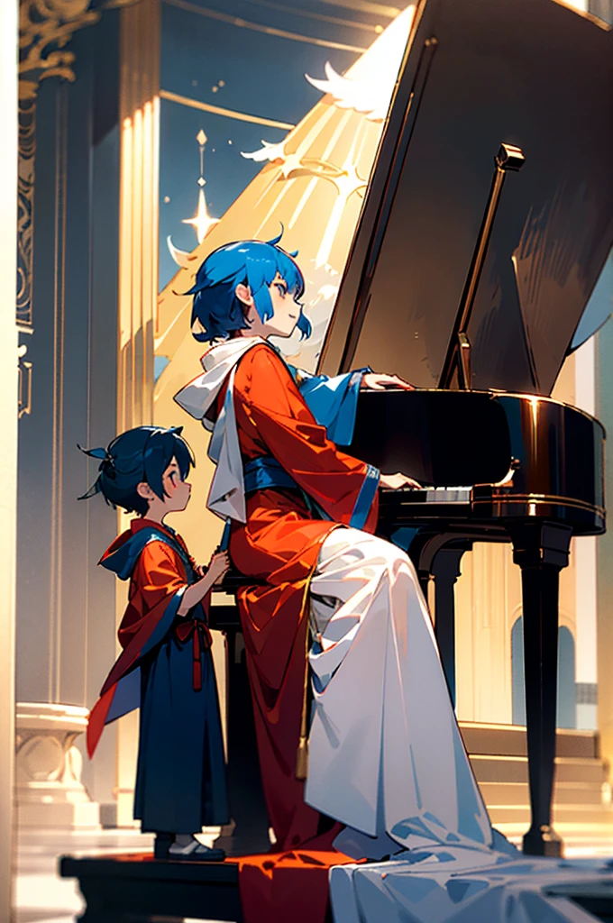 3boys,Two little boys use the temple as an arena,Blue hair、in red robes、A boy in a white cloak sits on a golden wooden chair,Play House of Flying Daggers on the golden piano..,