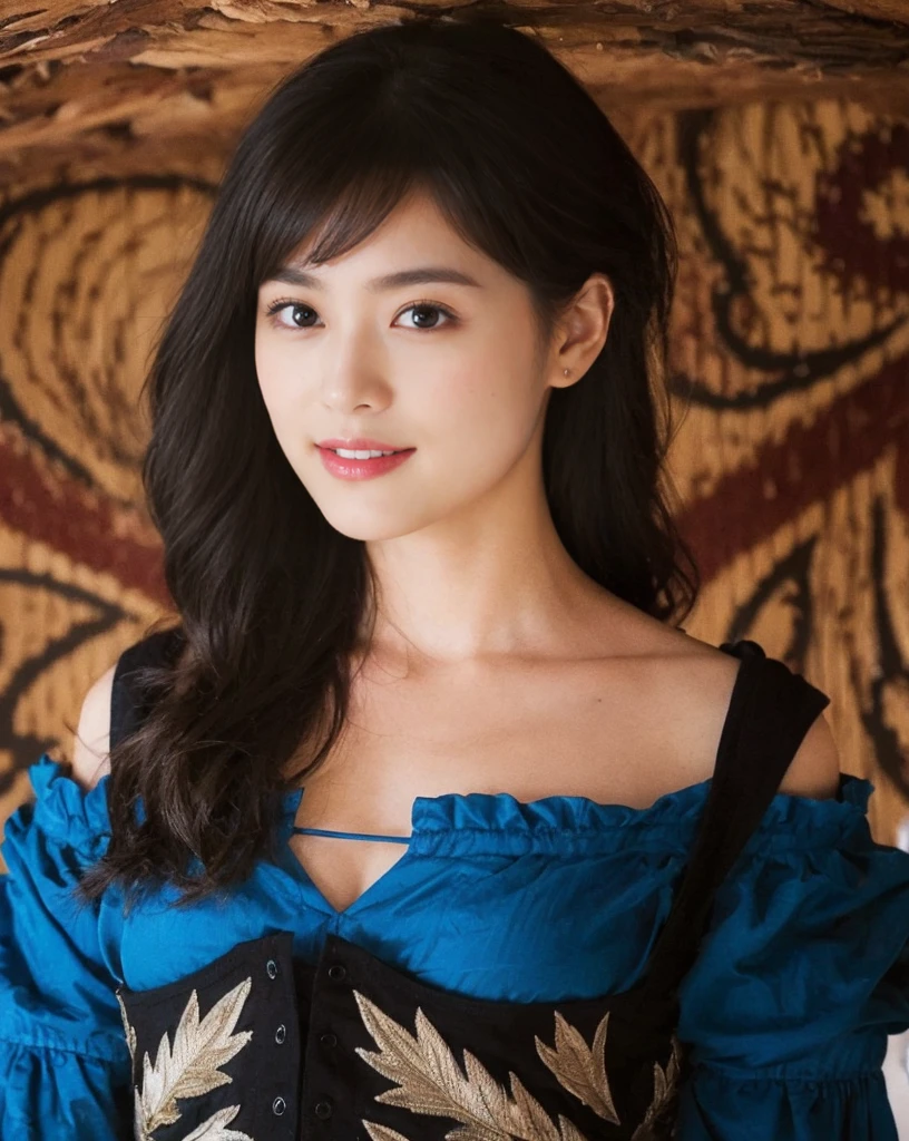 (On a table, Best quality, realistically, ultra - detailed, meticuloso, A high resolution, 8k wallpaper), Close-up portrait of a beautiful woman, Chariada, Smiling, light brown messy hair, Perfect dynamic composition, 美丽meticuloso的眼睛, Just like the cover of a fashion magazine, On campus