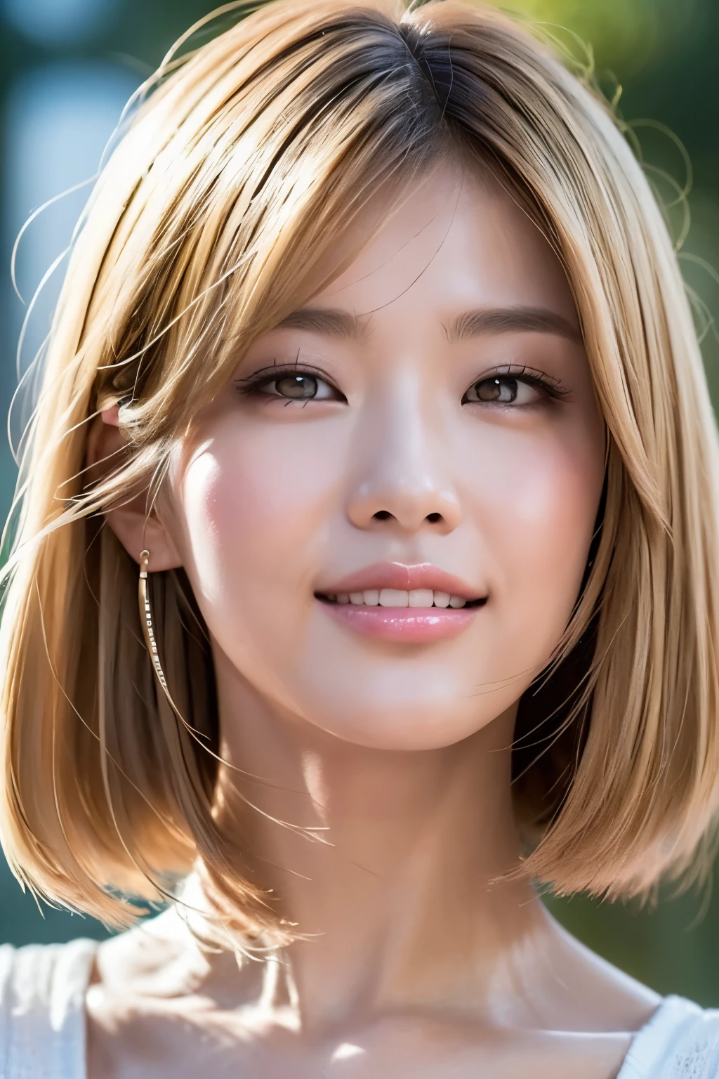 top-quality, 8K, ​masterpiece, femele, A smile, Look at viewers, foco nítido, Light beige hair color, bob cuts, dishevled hair, Highly detailed face and skin and hair texture, A detailed eye, 二重まぶた, de pele branca, beautiful delicate nose, かわいい若いfemele, 27yo, With dynamic angles, can feel happy, Characterized by calm tones and contrast between light and shadow.