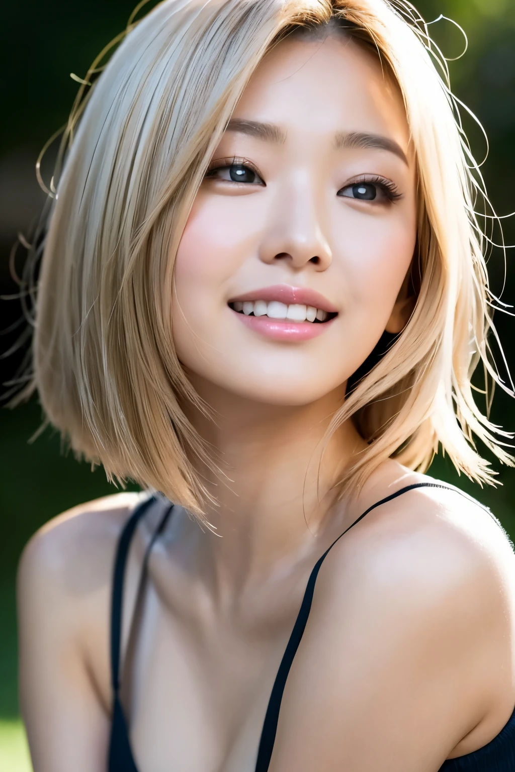 top-quality, 8K, ​masterpiece, femele, A smile, Look at viewers, foco nítido, Light beige hair color, bob cuts, dishevled hair, Highly detailed face and skin and hair texture, A detailed eye, 二重まぶた, de pele branca, beautiful delicate nose, かわいい若いfemele, 27yo, With dynamic angles, can feel happy, Characterized by calm tones and contrast between light and shadow.