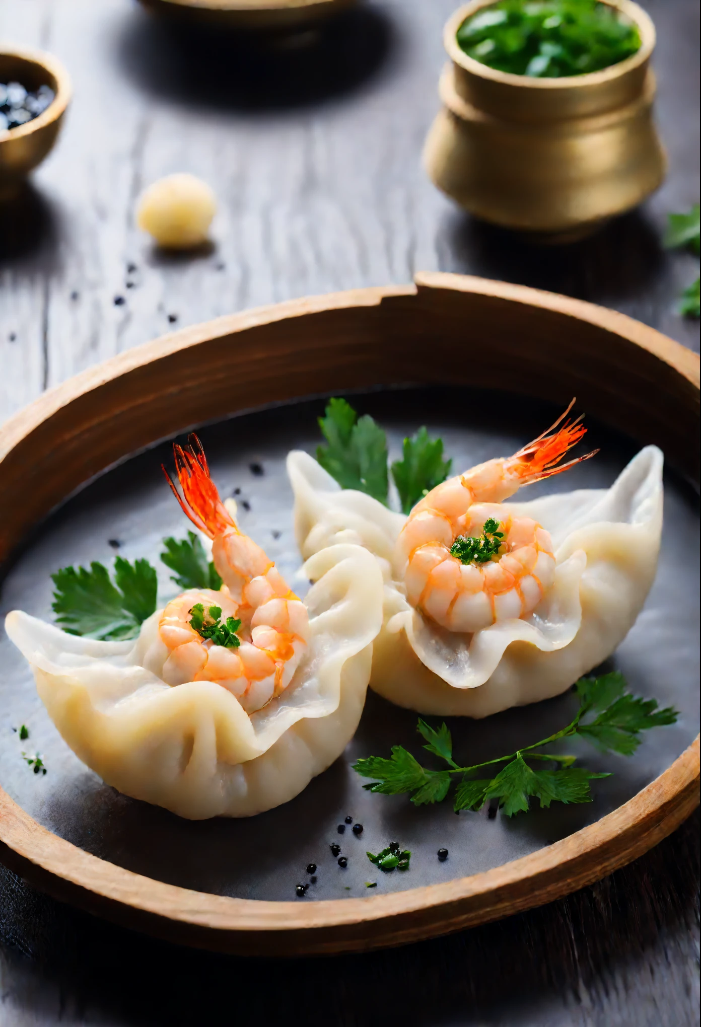 Produced by Michelin,cook,Chinese traditional dumplings,Transparent shrimp dumplings,crescent shaped dumplings。Pointy at both ends。caviar,High-end presentation,