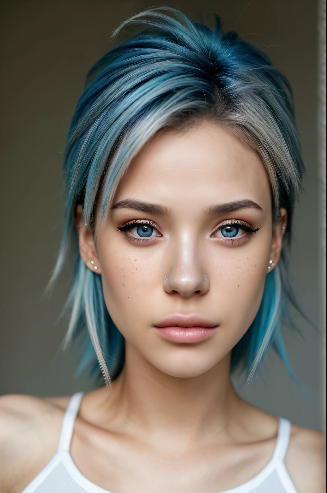 NatalieLevin, focus on eyes, close up on face, columbia blue color hair styled spiky hair