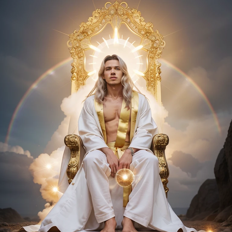 Beautiful hands, dressed in a robe reaching down to his feet, and with a golden sash around his chest, white hair, a round brilliance flare all around him 28 like that of a round rainbow in a cloud on a rainy day
