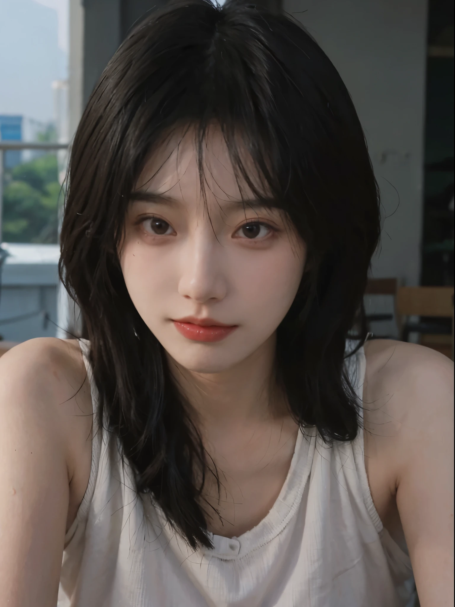 super high image quality,8K,Close-up of a woman with long straight hair and white tank top, jinyoung shin, Cute and delicate face, Urzans, beautiful Korean women, author:Against the sky, author:Zhang Han, xintong chen, Korean girls, young and lovely Asian face, by Ye Xin, beautiful young korean woman, Beautiful and delicate face, ruan jia beautiful!, Avatar avatar