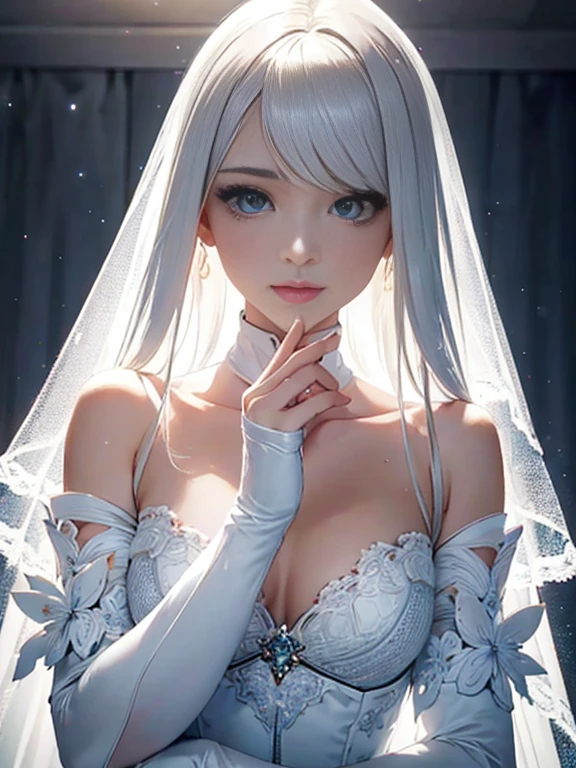 Best Quality,Ultra-detailed,White hair,gloves,Portrait,Soft lighting,DELICATE DETAILS,Realistic skin texture, Smile,Vibrant colors,Fine brushstrokes,Bright background,Ethereal Atmosphere,Impeccable makeup,Graceful pose,kind personality,sleek design,high fashion,Classic elegance,subtle pattern,Textured fabric,Dark background,Contrasty,Contrasty,Contrasty,Attention to detail,neutral color palette,dreamy ambiance,Sublime beauty,Sophisticated style,subdued lighting,Artistically composed,Graceful movement,pure and sophisticated aesthetics,luxury charm,symbol of sophistication,Sublime charm,Timeless elegance,A shining presence,Exquisite craftsmanship,soft and fantastic image, And mysterious,white lace veil,Majestic and attractive silhouette,intensegaze.