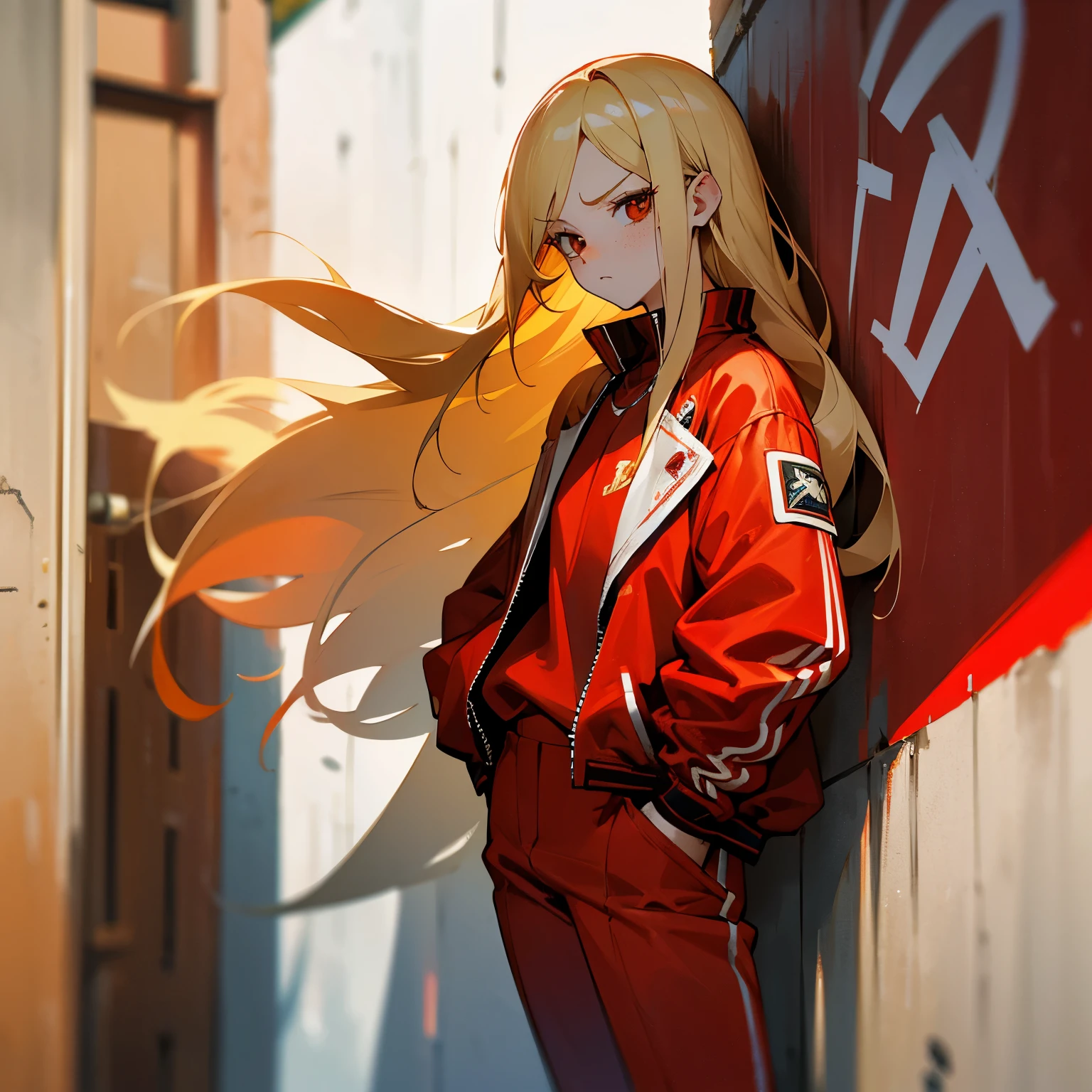 Flow the right half of the hair back、a blond、Bad eyes、glares、Red jersey jacket、red jersey pants、Bad Girls、hitornfreckles、hands in the pocket、Leaning against the wall、street