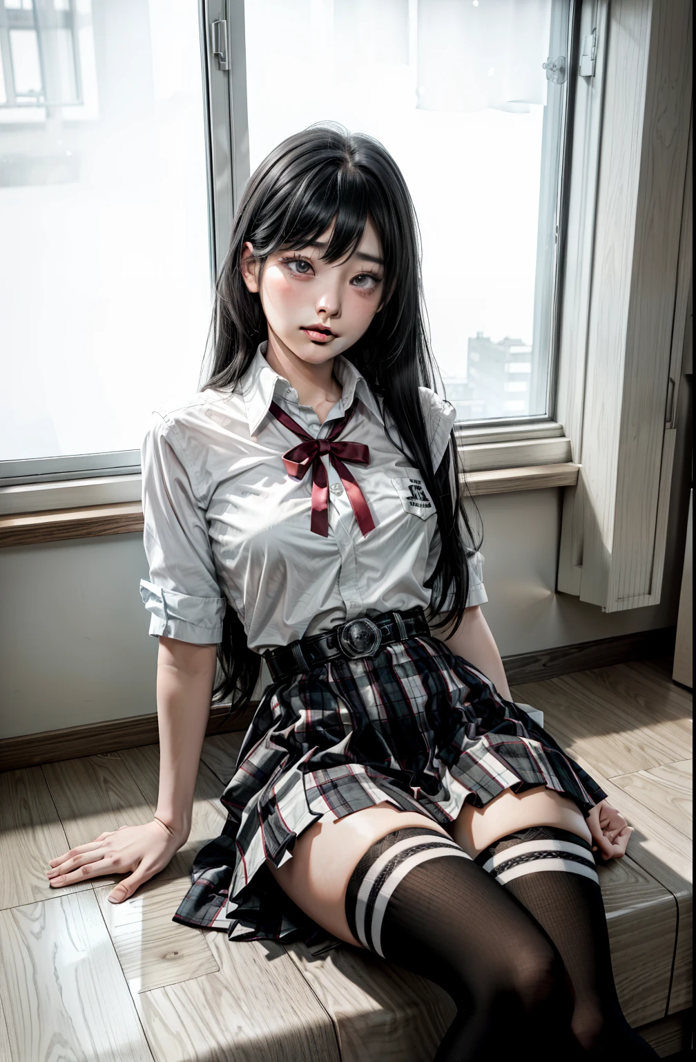 1 girl as yukino yukinoshita, absurdres, highres, solo, school uniform, big breasts, waist long black hair, (twintails:0.5), miniskirt, black thighhigh socks, loose red ribbon, unbuttoned white shirt, (ahegao:1.2), (rolling eyes:1.2), spread legs