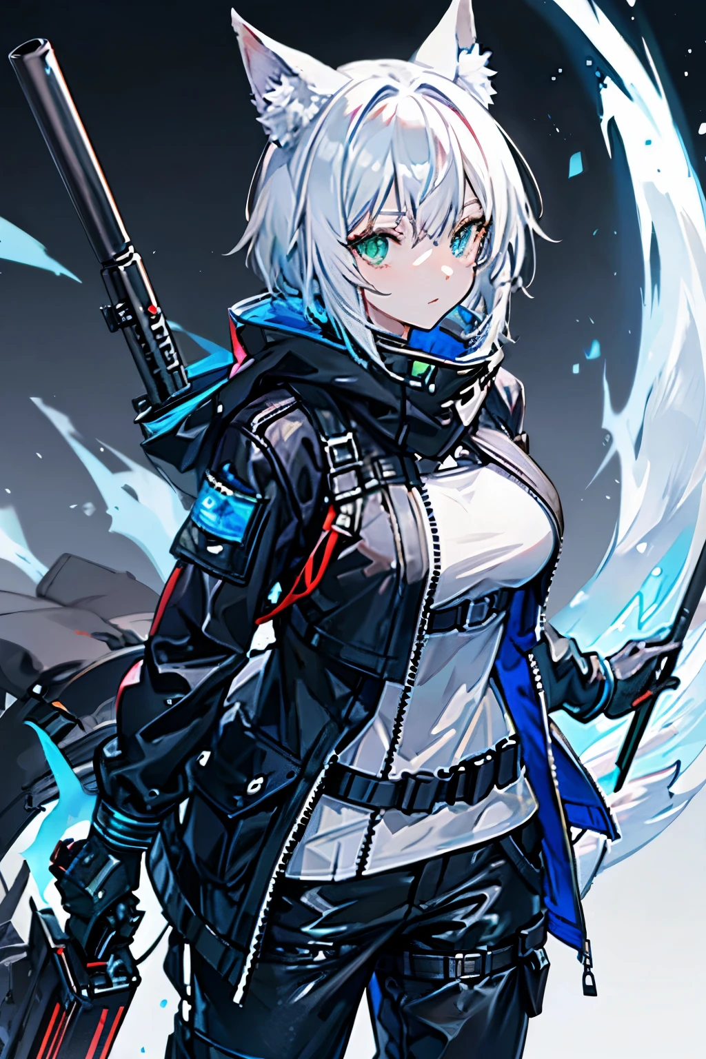 Arknights art style, arknights world,wolf girl,wolf ears,fluffy  tail,short hair,white hair,green eyes,mature body,big breasts,wearing a black and blue jacket,tactical pants,tactical gloves,