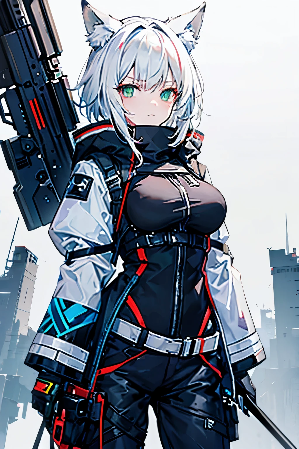Arknights art style, arknights world,wolf girl,wolf ears,fluffy tail,short hair,white hair,green eyes,mature body,big breasts,wearing a black and blue jacket,tactical pants,tactical gloves,