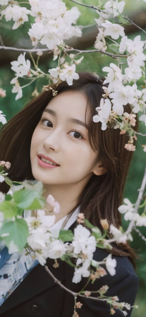 (On a table, Best quality, realistically, ultra - detailed, meticuloso, A high resolution, 8k wallpaper), Close-up portrait of a beautiful woman, Chariada, Smiling, light brown messy hair, Perfect dynamic composition, 美丽meticuloso的眼睛, Just like the cover of a fashion magazine, On campus