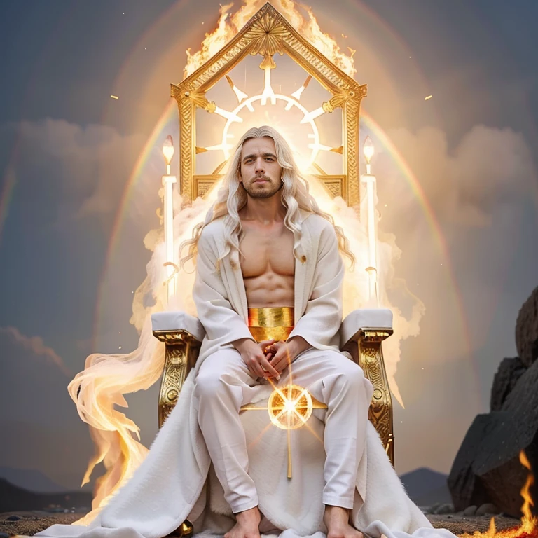 Jesus sitting on the white throne
something glowing like electrum that was like a fire radiating from what appeared to be his waist and upward; and from his waist down, I saw something that resembled fire., (((There was a round brilliance flare all around him 28 like that of a round rainbow in a cloud on a rainy day))), His head and his hairs were white like wool, as white as snow; and his eyes were as a flame of fire;garment was white as snow, and the hair of his head like the pure wool: his throne was like the fiery flame, and his wheels as burning fire.And his feet like unto fine brass, as if they burned in a furnace; and his voice as the sound of many waters. ,((white hairs))Beautiful hands, dressed in a robe reaching down to his feet, and with a golden sash around his chest, white hair, a round brilliance flare all around him 28 like that of a round rainbow in a cloud on a rainy day