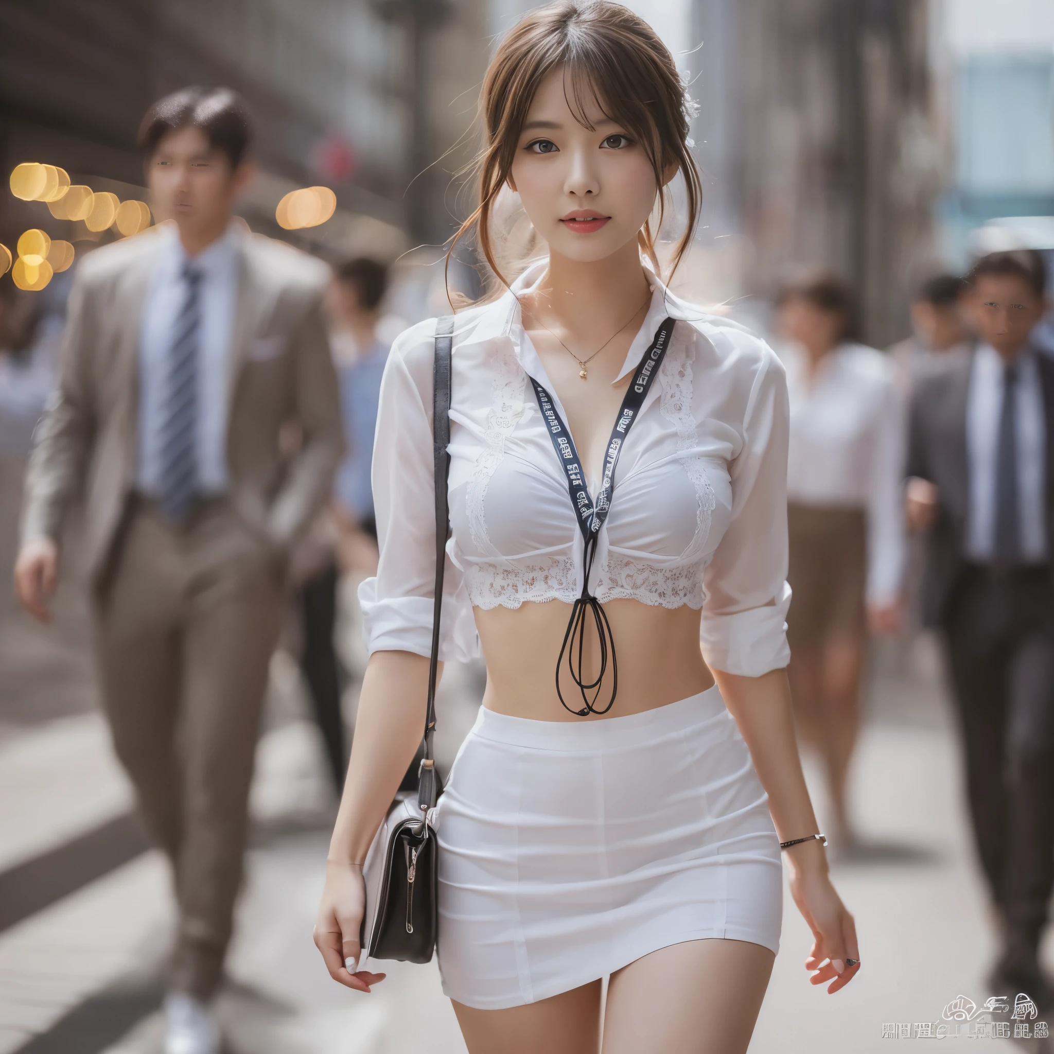 a 19 year old girl, she is the most beautiful actress in the world, the perfect body proportions of this girl, the things she wears are formal, the blouse under the blazer is hiding her large breasts, her crotch area of the panties are hardly hidden by the short skirt, her bare legs, her body looking straight to viewer of this photo, she is standing straight at the street, nsfw, best quality, highly detailed, masterpiece, ultra high res, photo realistic, 8k, RAW photo