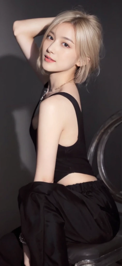Background ( golden wall and black dragon painting), standing near a samurai Armor holding it , Wearing ( a black and golden dragon print backless dress), back view,cute girl short pink hair ,all her hair short pink , with a star clip in her pink hair, light colored eyes, pretty eyes, happy eyes, pretty, upturned nose, watery nose, Pretty lips, pink lips, heart and cupid shaped lip, pretty skin, pale, White skin, with moles and freckles all over his face, soft pink blush on the cheeks, natural pink blush, soft pink makeup, Jennie, nice neck, frown, tender look, with a kiss necklace, Delgado, marked and pretty, , photorealism, 8k , photorealistic , show clearly,