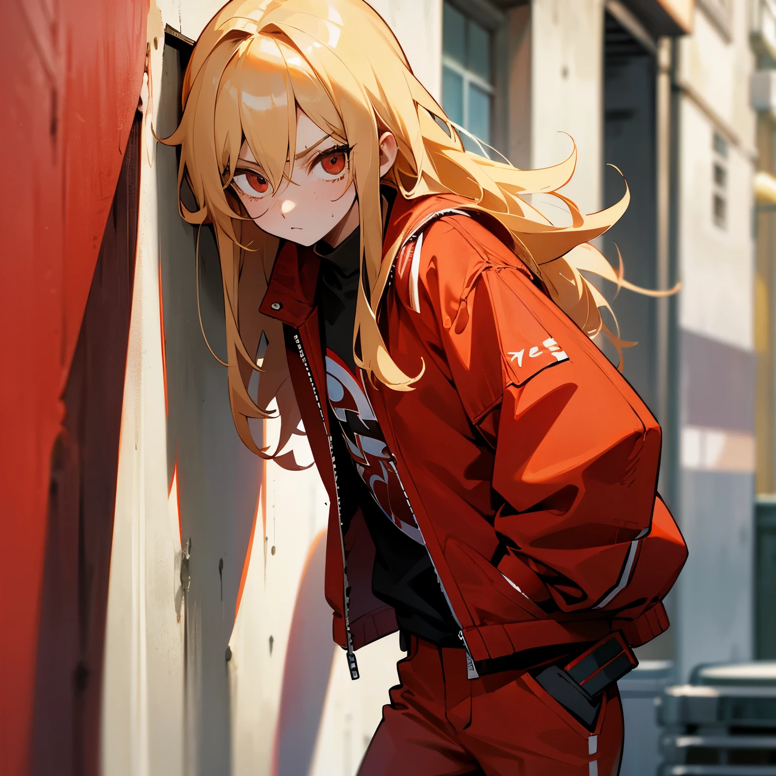 Flow the right half of the hair back、a blond、Bad eyes、glares、Red jersey jacket、red jersey pants、Bad Girls、hitornfreckles、hands in the pocket、Leaning against the wall、street