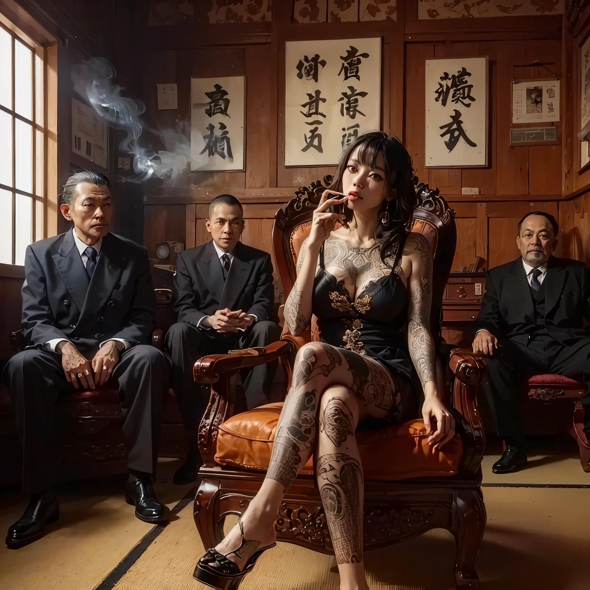 there are people sitting in a room, smoking, yakuza slim girl with gigantic breast, wear bra and kimono, full body tattoo, inspired by Kanō Hōgai, japanese gothic, japanese fantasy, inspired by Kanō Takanobu, yakuza tattoo on body, chie yoshii, japanese influences, by Kanō Tan'yū, inspired by Kanō Naizen, masterpiece, best quality:1.2),,(8k,highres,RAW photo,realistic,photo-realistic:1.3),(detailed skin texture,detailed cloth texture,beautiful detailed face:1.25),professional lighting,photon mapping,beautiful soft light,radiosity,physically-based rendering,raytracing, model shoot style, model shoot style, (extremely detailed CG unity 8k wallpaper), full shot body photo of the most beautiful artwork in the world,