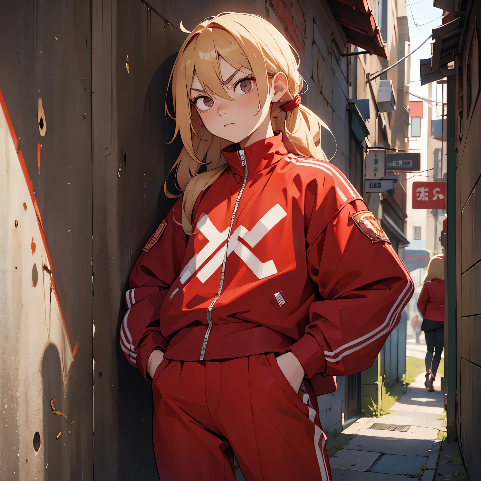 Flow the right half of the hair back、a blond、Bad eyes、glares、Red jersey jacket、red jersey pants、Bad Girls、hitornfreckles、hands in the pocket、Leaning against the wall、street