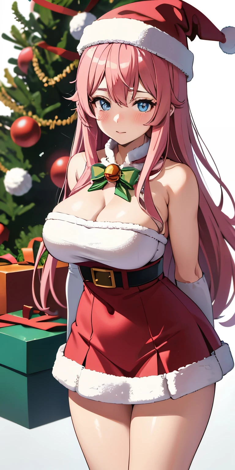 anime girl in santa outfit with bell and christmas hat, pink hair, blue eyes, shy blushing facial expression, oppai, ecchi, ecchi anime style, seductive anime girl, pixiv 3dcg, at pixiv, pixiv, top rated on pixiv, made cg animation studio, based from promo art by onigiri kun, christmas decorations background, matured woman, 8k!, shiori arima