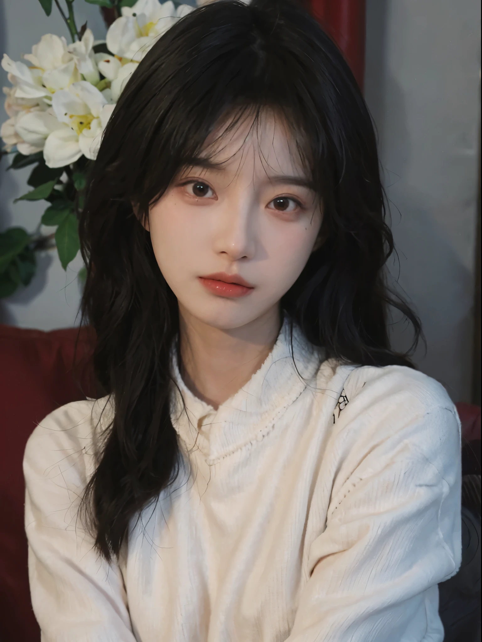 super high image quality,8K,Close-up of a woman with long straight hair and white sweater, jinyoung shin, Cute and delicate face, Urzans, beautiful Korean women, author:Against the sky, author:Zhang Han, xintong chen, Korean girls, young and lovely Asian face, by Ye Xin, beautiful young korean woman, Beautiful and delicate face, ruan jia beautiful!, Avatar avatar