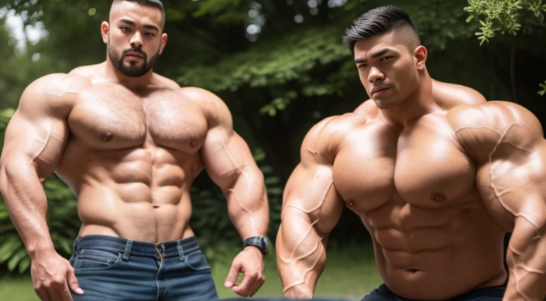 (Very detailed 8k wallpaper), two asian men, muscle worship, arms folded, On the playground, high detailing, buzzcut, very large and strong body, bulging muscles, well-muscled, very large pectoral muscles. Very sexy abs, legs are well-muscledの, Toned figure, lightens oily skin, well-muscledの, Tank top, T-shirt, longshot, Wide Shot