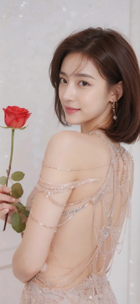 (On a table, Best quality, realistically, ultra - detailed, meticuloso, A high resolution, 8k wallpaper), Close-up portrait of a beautiful woman, Chariada, Smiling, light brown messy hair, Perfect dynamic composition, 美丽meticuloso的眼睛, Just like the cover of a fashion magazine, On campus