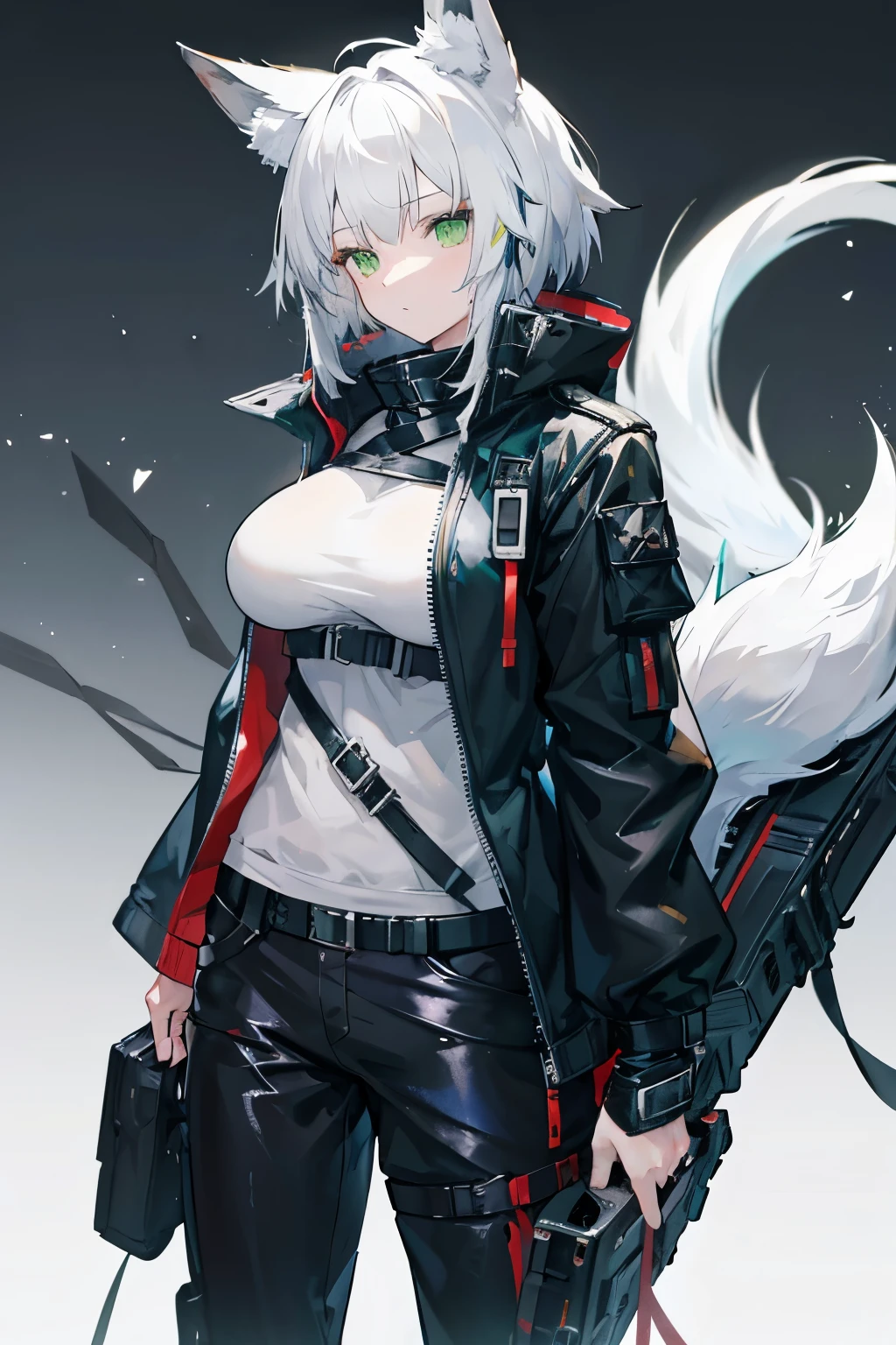 Arknights art style, arknights world,wolf girl,wolf ears,fluffy  tail,short hair,white hair,green eyes,mature body,big breasts,wearing a black and blue jacket,tactical pants,tactical gloves,