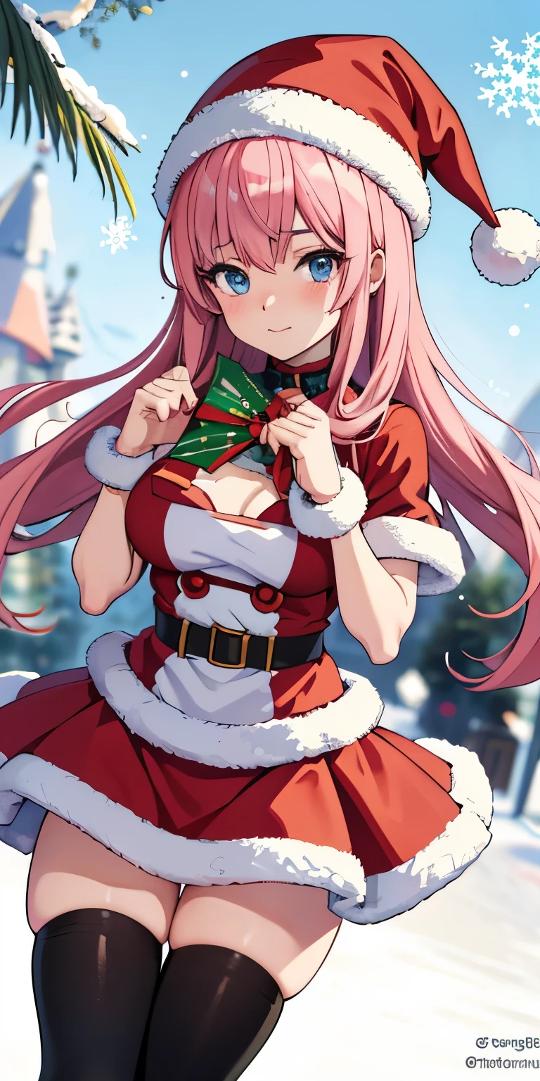 masterpiece, best quality, mika \(blue archive\), 1girl, blue archive, santa hat, (santa costume:1.1), santa girl, miniskirt, angel wings, breasts, halo, pink hair, yellow eyes, hair ornament, hair flower, red theme, christmas, scenery, zettai ryouiki, thighhigh gaiters, <lora:mika:0.8>
