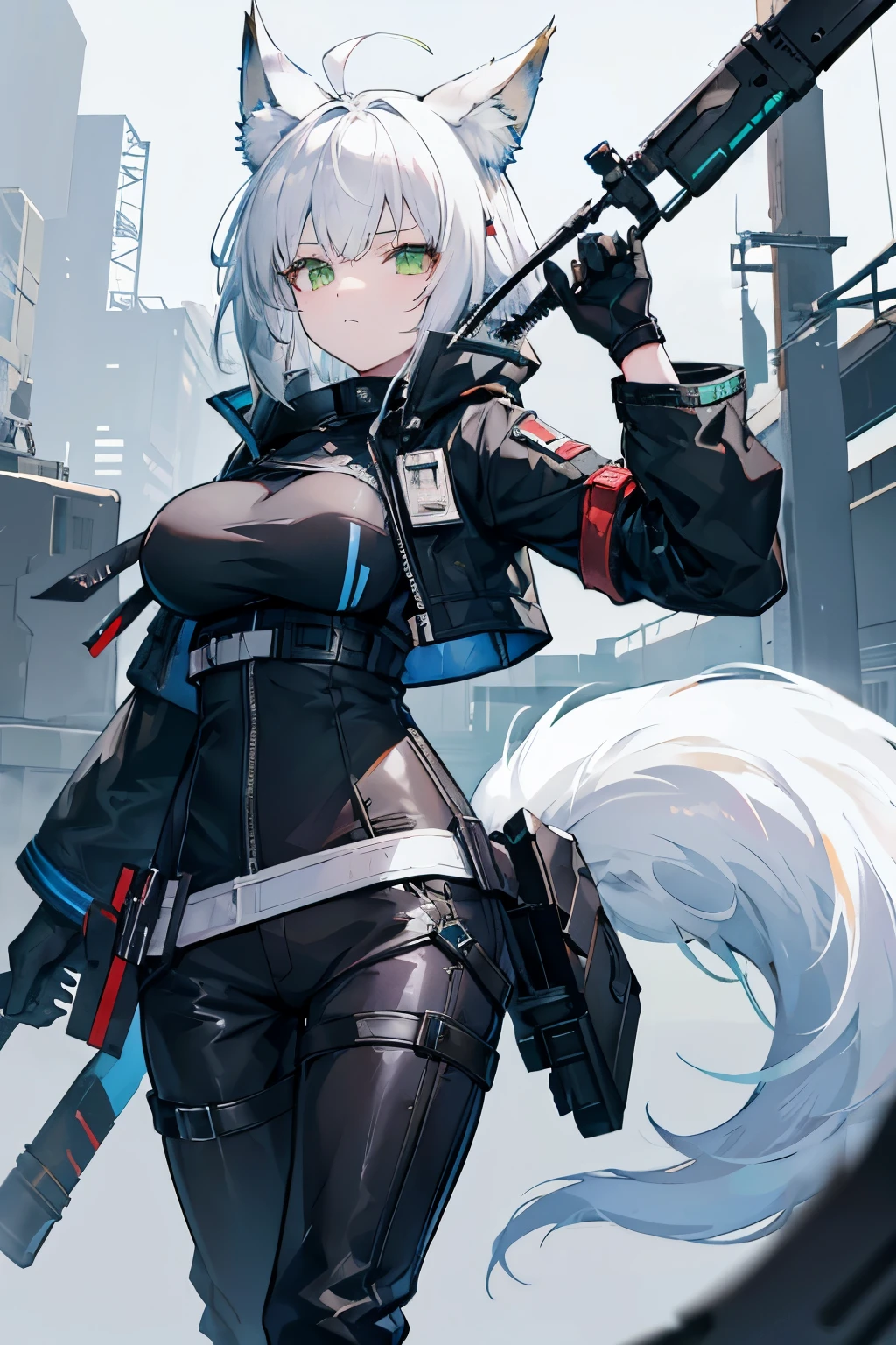 Arknights art style, arknights world,wolf girl,wolf ears,fluffy  tail,short hair,white hair,green eyes,mature body,big breasts,wearing a black and blue jacket,tactical pants,tactical gloves,