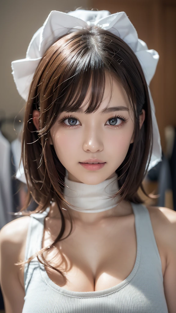 (8K, 超A high resolution, Best Quality, masutepiece:1.2)、RAW portrait of japanese girl、超A high resolution、top-quality、 (huge-breasted,:1.6)、｛Hide all breasts:1.2｝｛Hot pants in off-white:1.6｝、(Wearing a thin white sleeveless turtleneck:1.6)、(Open the inseam:1.7)、(fitting room:1.2) BREAK (Natural Skin Texture、Detailed skin、Hyper-Realism、ultra sharpness)、intricate detailes、depth of fields、Female sexy、Black hair shortcuts、Toned buttocks、((​masterpiece、top-quality、high-detail))、(Photorealsitic:1.4)、独奏、closes mouth、Smile happily、big eye、Distinct double eyelids、Lashes、long neck、Absolute area、Clean collarbone、face perfect、thin lips、a small face、(gazing at viewer、Highlights in the eyes、Light brown eyes、side lip gloss:1.3)