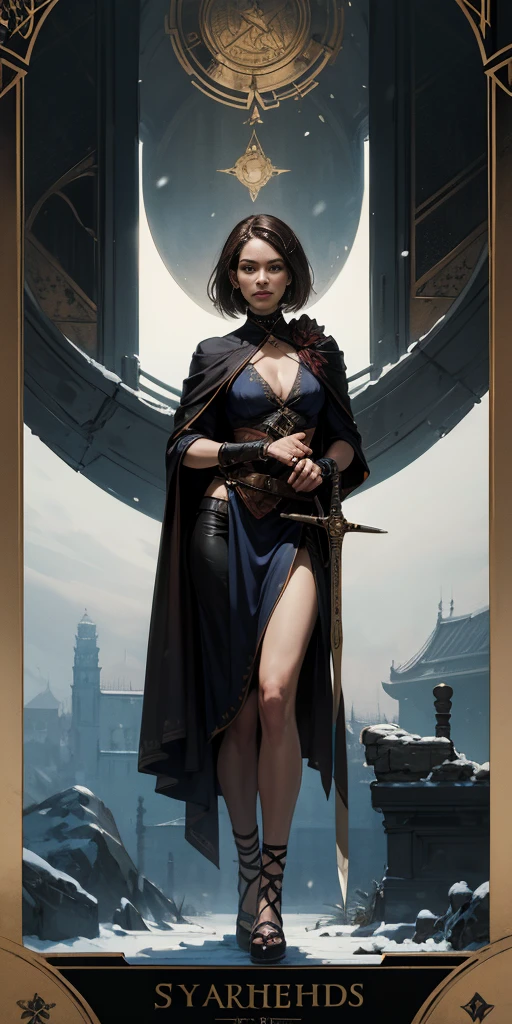 full body, 1 child female, tarot cards, heavy snowy,arma, halter, Weapons of the future, 32K, Linen cloak, Top quality, Masterpiece:Faust,, short detailed hair, thin fog, tmasterpiece,k hd,hyper HD,16k,clutching a sword, Tarot elements, Reflectorloods, Eastern Asia, Weapon focus, Skysky, brunette color hair, knifes, shorter pantumo, Mist, The clothes ar, bandagens, Leather