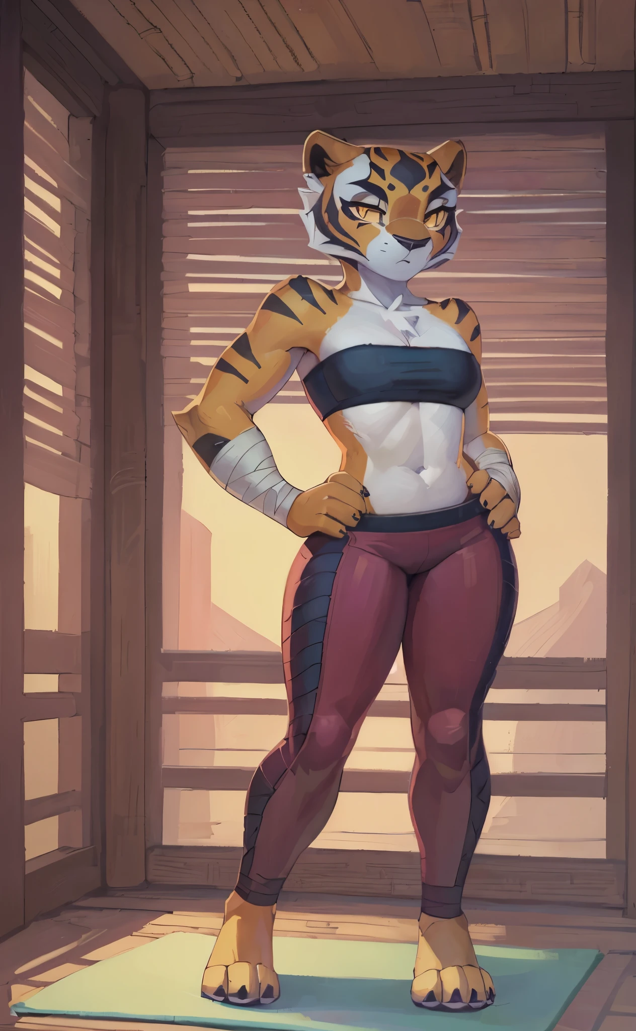 [master tigress], [Uploaded to e621.net; (Pixelsketcher), (wamudraws)], ((masterpiece)), ((HD)), ((solo portrait)), ((full body)), ((front view)), ((feet visible)), ((furry; anthro)), ((detailed fur)), ((detailed shading)), ((beautiful render art)), ((intricate details)), {anthro tiger; (orange fur), ((black stripes), black nose, (cute yellow eyes), (short eyelashes), (curvy hips), (beautiful legs), (beautiful paws), (expressionless)}, {(white bandage bandeau), (bandages a-crossed chest), (red yoga pants)}, {(on yoga mat), (standing), (hands on hip), (looking at viewer)}, [background; (bamboo forest), (dojo), (window), (fog), (blue sky), (cloudy)]