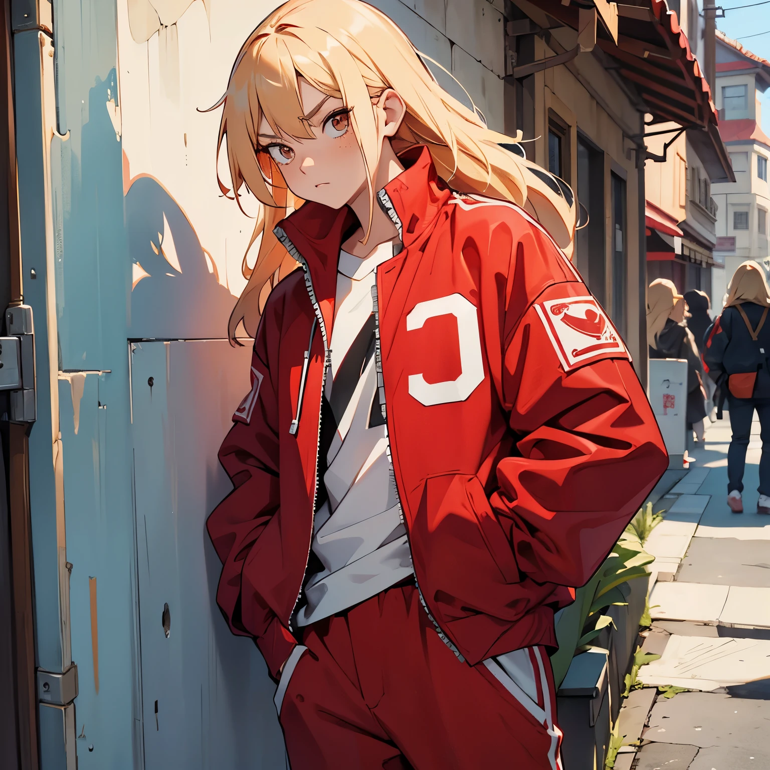 Flow the right half of the hair back、a blond、Bad eyes、glares、Red jersey jacket、red jersey pants、Bad Girls、hitornfreckles、hands in the pocket、Leaning against the wall、street