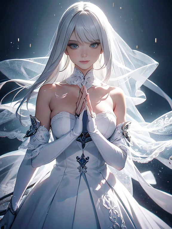 Best Quality,Ultra-detailed,White hair,gloves,Portrait,Soft lighting,DELICATE DETAILS,Realistic skin texture, Smile,Vibrant colors,Fine brushstrokes,Bright background,Ethereal Atmosphere,Impeccable makeup,Graceful pose,kind personality,sleek design,high fashion,Classic elegance,subtle pattern,Textured fabric,Dark background,Contrasty,Contrasty,Contrasty,Attention to detail,neutral color palette,dreamy ambiance,Sublime beauty,Sophisticated style,subdued lighting,Artistically composed,Graceful movement,pure and sophisticated aesthetics,luxury charm,symbol of sophistication,Sublime charm,Timeless elegance,A shining presence,Exquisite craftsmanship,soft and fantastic image, And mysterious,white lace veil,Majestic and attractive silhouette,intensegaze.