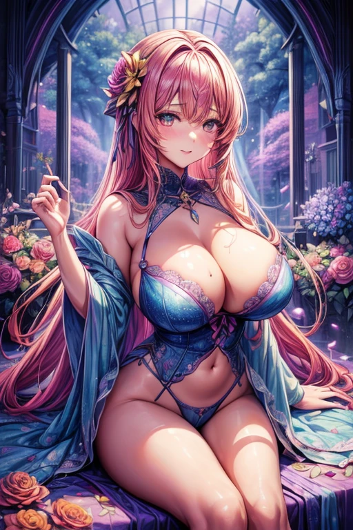 ((top-quality、8K、masterpiece:1.3)),high-level image quality、最high-level image quality、top-quality、hiquality、slenderbody、Beautiful feceボディーライン、Beautiful fece女性、Colossal tits、Sexy style、Insist cleavage、Boob emphasis、ultra-detailliert、Beautiful and aesthetic、Beautiful fece、masterpiece、Show off your cleavage、Huge chest chest)、garterbelts、sheer bondage costume、Beautiful fece女性は, (medium length yellow hair), detailed huge boobs、Lovely smile, (Warm colors), moist, moist, Reflectors, (masutepiece) 、(Best Quality) (Detailed) , (8K) (Studio Lighting) (Convoluted) , ((Flower arch so magical and dreamy)), opulent, ethereal fairy tale, Rich pastel color palette, Ethereal dreamy theme, dreamy and detailed, The setting of a fairy tale:, (((building with many flowers)))、anime fantasy artwork, anime fantasy illustration, Beautiful feceアートワークのイラスト, Beautiful feceアニメアートwork, elaborate digital art, Convolutedな華やかなアニメCGIスタイル, anime art nouveau cosmic display, Beautiful feceアニメアート, Beautiful feceデジタル芸術作品, Beautiful feceファンタジーアニメ, Detailed anime artwork, Detailed Digital Anime Art, dreamy psychedelic anime、(Sheer Sexy Lingerie)、(sheer lingerie)、Beautiful fece表現、Beautiful fece乳房、A detailed eye、Clearly eye-catching, beautiful and alluring、Beautiful fece目、Narrow waist、Beautiful fece白い肌、red rip、((Flower decoration all over long hair))