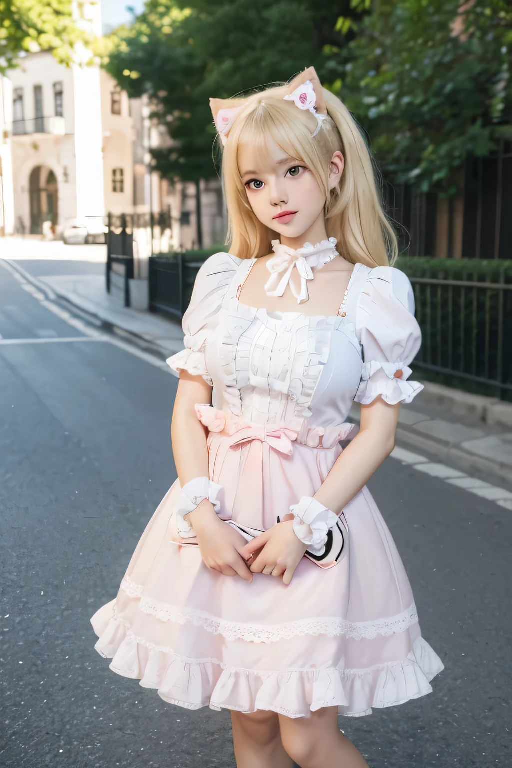 Superb detail, 8k photos, hyper-realism, professional light, realistic background, visual depth, background bokeh, wide angle lens, full body, (13 years old, cute, , flat chest, cat ears), 1girl, colored eyes, blonde hair, (Lolita fashion: 1.5), (lace, frilled shirt, white petticoat, sneakers), (plush toy), pink cute backpack, street, fashion