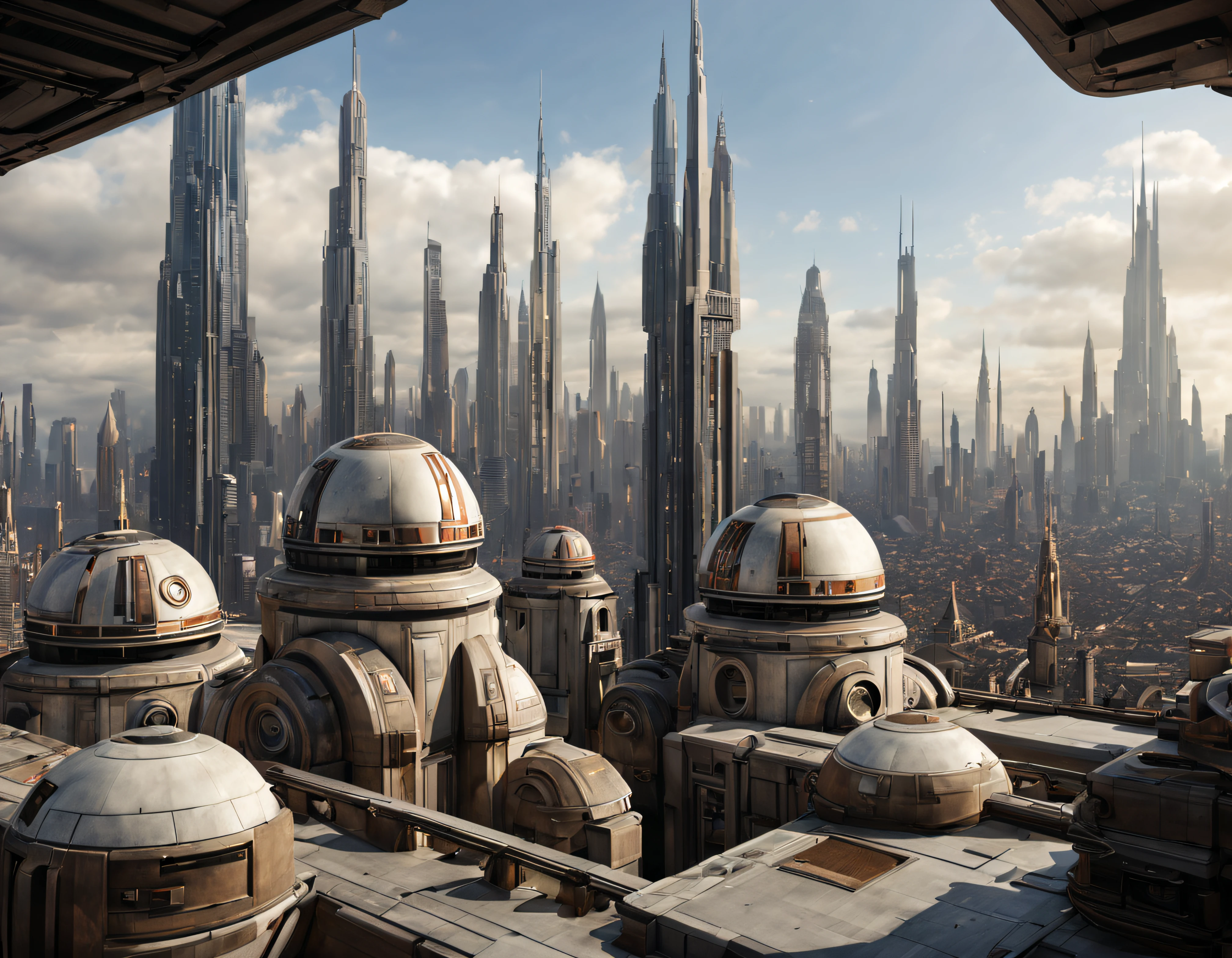 desde una terraza de la ciudad de coruscant de star wars, con sus inmensos edificios de aspecto metalico, futuristas, divisandose el skyline de la ciudad y el templo jedi, (Design by Doug Chiang), edificios del fondo nitidos y bien definidos, intrincados detalles de la maquina de la mas alta calidad, estilo cinematografico, nitidez absoluta, imagen 8k. (obra maestra de superior calidad).