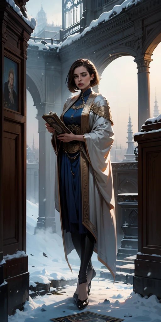 full body, 1 child female, tarot cards, heavy snowy,arma, halter, 32K, Linen cloak, Top quality, Masterpiece:Faust,, short detailed hair, thin fog, tmasterpiece,k hd,hyper HD,16k, Tarot elements, Reflectorloods, Eastern Asia, Skysky, brunette color hair, shorter pantumo, Mist, The clothes ar, bandagens, Leather
