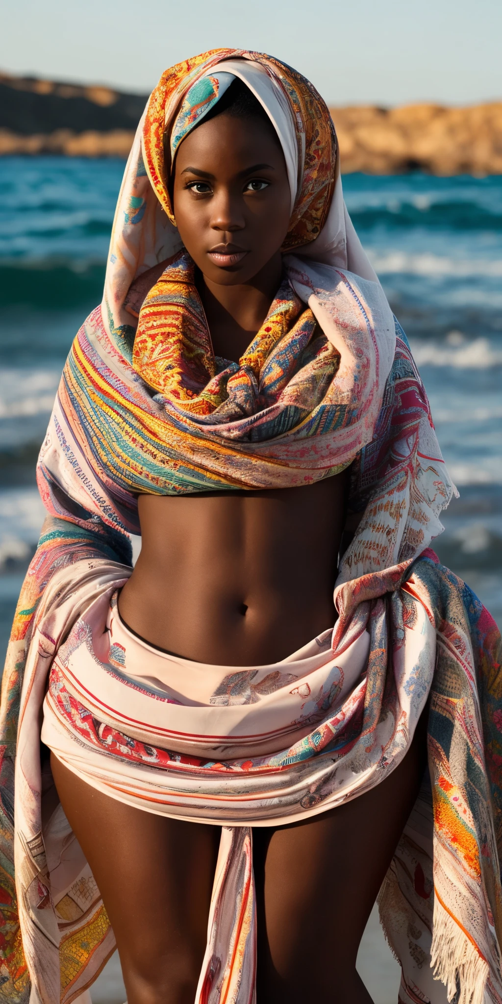 Editorial, Fashion, a dark skin woman wearing a shawl and scarf, deep melanin, depth of feild, intimate photography, colors: coastal, Womancore, hips: wide, trapezoidal, thick --auto --s2