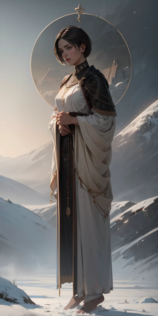 full body, 1 child female, tarot cards, heavy snowy,arma, halter, 32K, Linen cloak, Top quality, Masterpiece:Faust,, short detailed hair, thin fog, tmasterpiece,k hd,hyper HD,16k, Tarot elements, Reflectorloods, Eastern Asia, Skysky, brunette color hair, shorter pantumo, Mist, The clothes ar, Leather