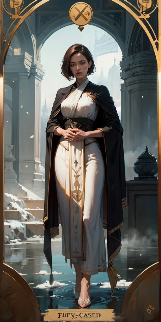 full body, 1 child female, tarot cards, heavy snowy,arma, halter, 32K, Linen cloak, Top quality, Masterpiece:Faust,, short detailed hair, thin fog, tmasterpiece,k hd,hyper HD,16k, Tarot elements, Reflectorloods, Eastern Asia, Skysky, brunette color hair, shorter pantumo, Mist, The clothes ar