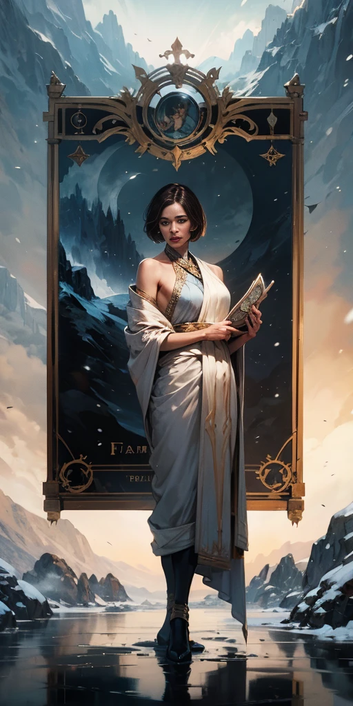 full body, 1 child female, tarot cards, heavy snowy,arma, halter, 32K, Linen cloak, Top quality, Masterpiece:Faust,, short detailed hair, thin fog, tmasterpiece,k hd,hyper HD,16k, Tarot elements, Reflectorloods, Eastern Asia, Skysky, brunette color hair, shorter pantumo, Mist, The clothes ar